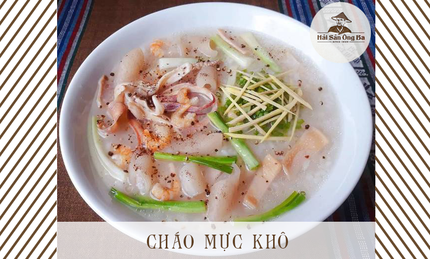 cháo mực khô, món ăn, bát cháo trên khăn vải