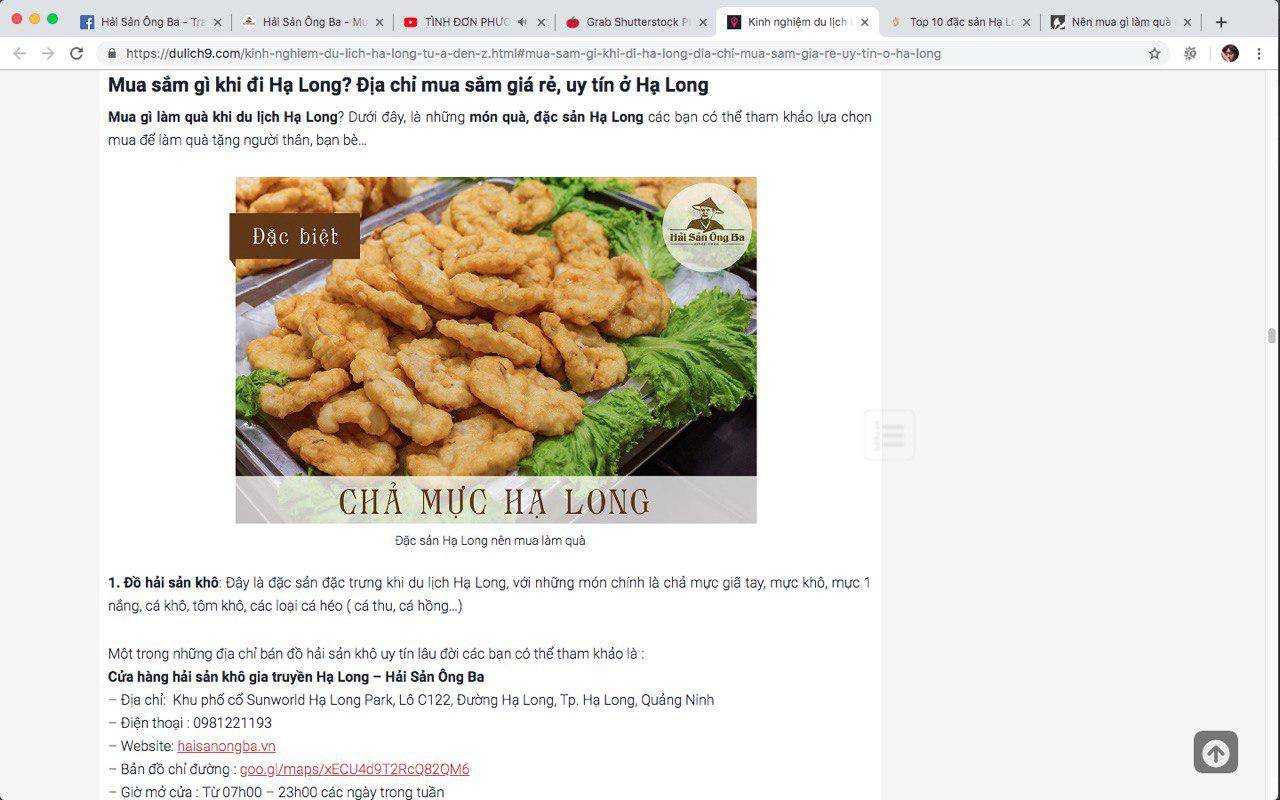 Ảnh chụp màn hình, bài báo về hải sản ông ba