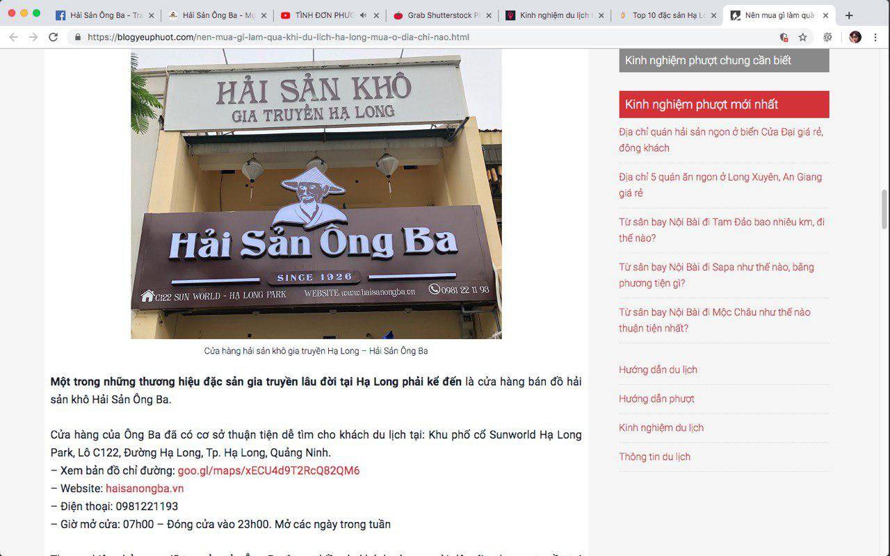 Ảnh chụp màn hình, bài báo về hải sản ông ba